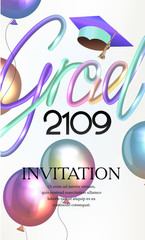 Graduation party card with air balloons and colorful letters. Vector illustration