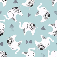 Vlies Fototapete Elefant Süße Elefanten und strukturierte Dreiecke Vektor-Wiederholungsmuster Hintergrund in Weiß, Schwarz und Blau