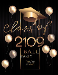 Graduation party invitation card with gold air balloons, sparkling background and graduation cap
