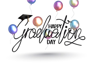 Happy Graduation day lettering and colorful air balloons. Vector illustration