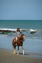 Woman riding on a horse along the ocean shore