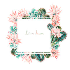 Beautiful watercolor card with succulents and cacti. Illustration