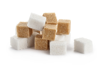 White and brown sugar cubes, isolated on white background