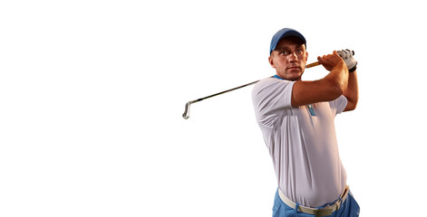 Male golf player on white background. Isolated golfer with golf club taking a shot