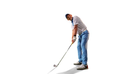 Schilderijen op glas Male golf player on white background. Isolated golfer with golf club taking a shot © Alex