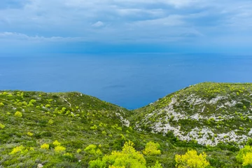 Fotobehang Greece, Zakynthos, Endless blue sea horizon behind green landscape © Simon