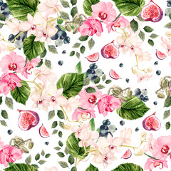 Beautiful watercolor bright pattern with orchid flowers and blueberry berries, fig fruits. 