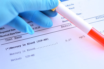 Blood sample tube with normal mercury test result
