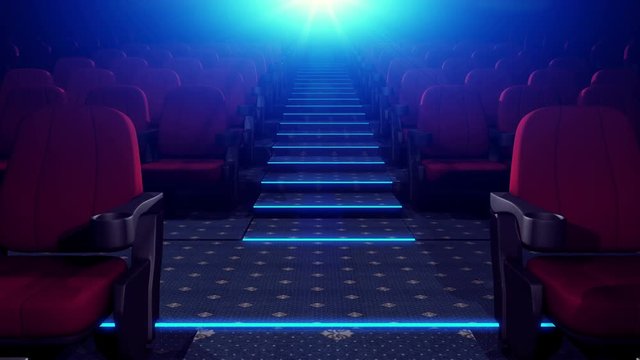 Rows Of Red Chairs In Dark Cinema Theater. Camera Goes Up.  Empty Cinema Seats in Theatre for Movies. Loop.