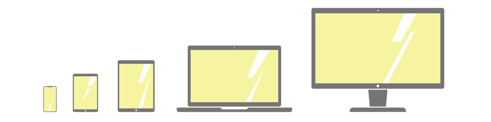 Device icons set: screens, display, computer,smartphone, tablet pc, laptop and desktop computer, electronic book, with blank screen isolated. Communication. Vector illustration