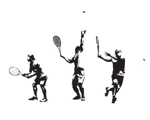 Group of tennis players, set of vector silhouettes. Isolated ink drawings