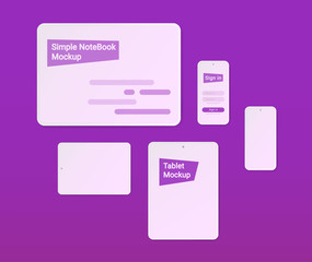 Set of Device Mockup minimalist style. NoteBooks, tablets and mobile phones with awesome customization features. Electronic gadgets isolated on purple background.