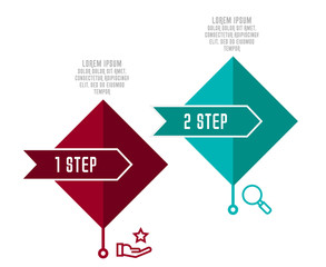 Modern 3D vector illustration. Infographic template with two elements, rhombus, arrows. Timeline step by step. Designed for business, presentations, web design, diagrams, chart, training with 2 steps