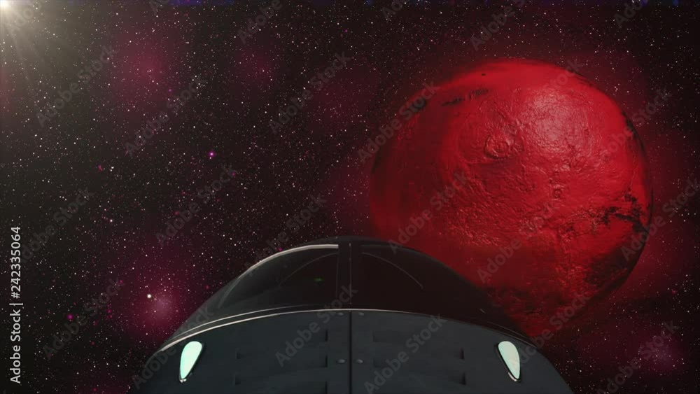 Aufkleber journey to mars, sci-fi spaceship approaching to planet, engines pulsate, 3d animation. texture of t