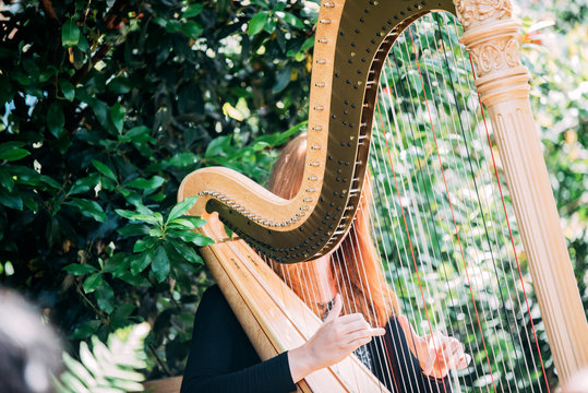 Woman playing harp in a garden