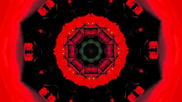 Video de caleidoscopio con formas geom&eacute;tricas que se abren con diferentes movimientos y tonos  rojos y negros