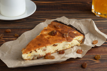 a pudding with cottage cheese, apple and raisins