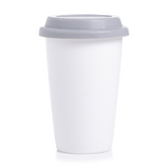 White cup mug with gray lid on white background isolation
