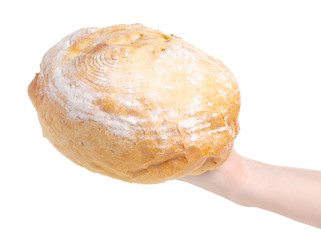 Round bread in hand on a white background. Isolation