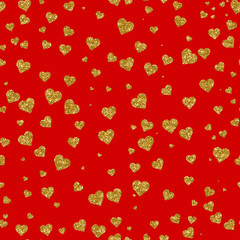 seamless pattern from gloving gold hearts on a red background. Valentine's day