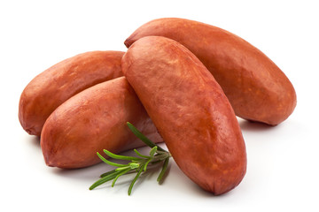 Smoked German Sausages with rosemary. Oktoberfest, close-up, isolated on a white background