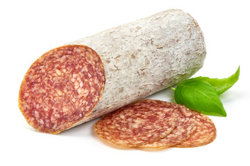 Traditional Spanish Fuet dried sausage with slices, Close-up, isolated on a white background