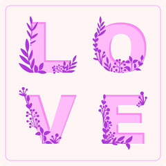 Simple Love vector card with violet floral. Hand drawn pink illustration