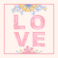 Love vector cart with flowers and floral pattern in candy colors. Hand drawing botanical illustration