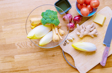 Vegetables on a table board, top view