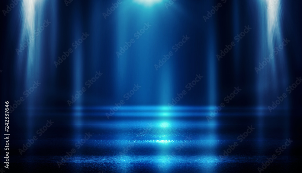 Poster Background of empty dark room with rays of light. Concrete floor with light reflection. Smoke, neon blue light