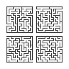 Set of black square mazes. Game for kids. Puzzle for children. One entrances, one exit. Labyrinth conundrum. Flat vector illustration isolated on white background.