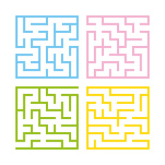 Set of colored square mazes. Game for kids. Puzzle for children. One entrances, one exit. Labyrinth conundrum. Flat vector illustration isolated on white background.