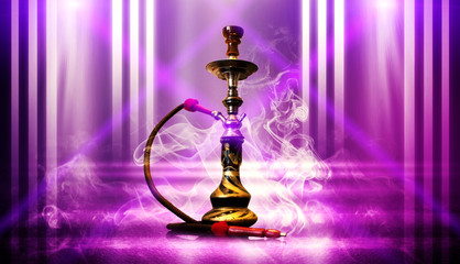 Hookah smoking on a concrete background, illuminated by the spotlight, neon light, smoke