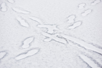 human footprints on white frozen ice outdoors in cold winter