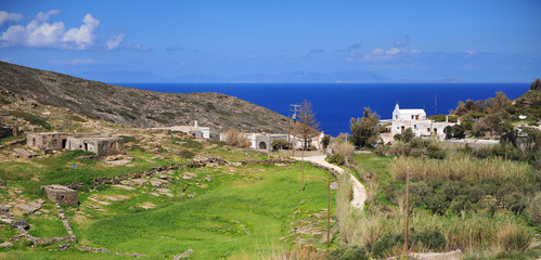 Panorama of traditional greek village with chapel