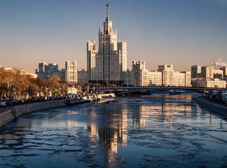 Fototapeta na wymiar Moscow - Russian Federation, Moscow River at sunset on a frosty winter day