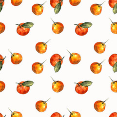 Seamless pattern with mandarins and leaves on white background. Drawing markers