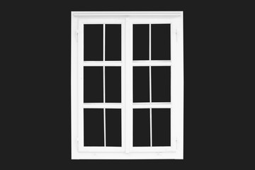 Old white traditional window isolated on black. Outdoor