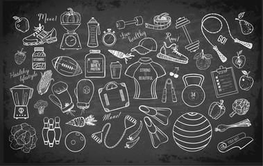 Cartoon fitness doodles on blackboard background. Vector illustration