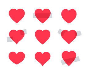 Set of red heart shape. Some hearts as stickers attached with a scotch tape. Valentine day symbol.