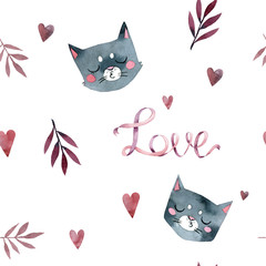 pink leaves , word love,  gray cute cats kiss, many little hearts,pattern