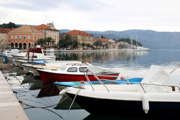 Fototapeta na wymiar Small boats in port of Stari Grad, on island Hvar, Croatia. Selective focus.