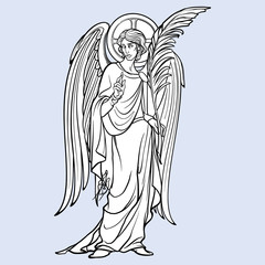 Angel figure with blessing gesture and palm branch. Medieval gothic style concept art. Design element. Black a nd white drawing isolated on grey background. EPS10 vector illustration