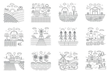Farm and farming agriculture fields concept line icons set vector illustration.
