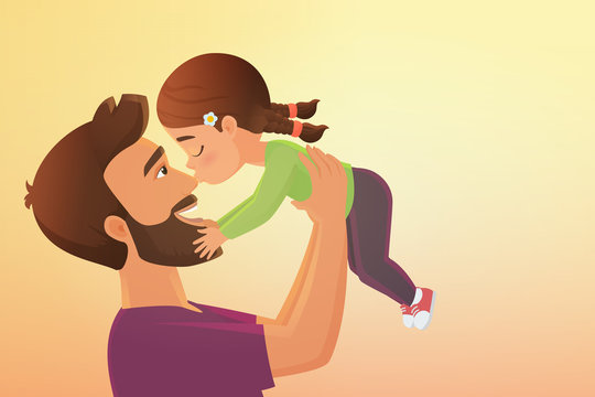 Cute little girl kid kisses his happy father cartoon vector illustration.  Stock Vector | Adobe Stock