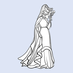 Medieval princess with a characteristic gothic slouching posture. Medieval gothic style concept art. Design element. Black a nd white drawing isolated on grey background. EPS10 vector illustration