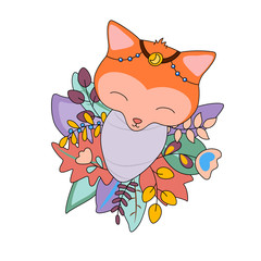 Newborn baby fox in floral wreath. Animal baby vector illustration on white background. Tribal foxie toddler.
