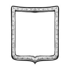 Early medieval rectangular or French shield. Front view. Element for design coat of arms, logo, emblem and tattoo. Black a nd white drawing isolated on white background. EPS10 vector illustration