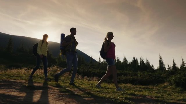 Towards adventure - friends with backpacks walk along the mountain path at sunset