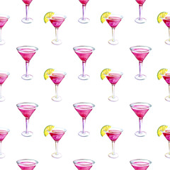 pattern with cocktail cosmopolitan watercolor illustration, alcoholic drink for girls